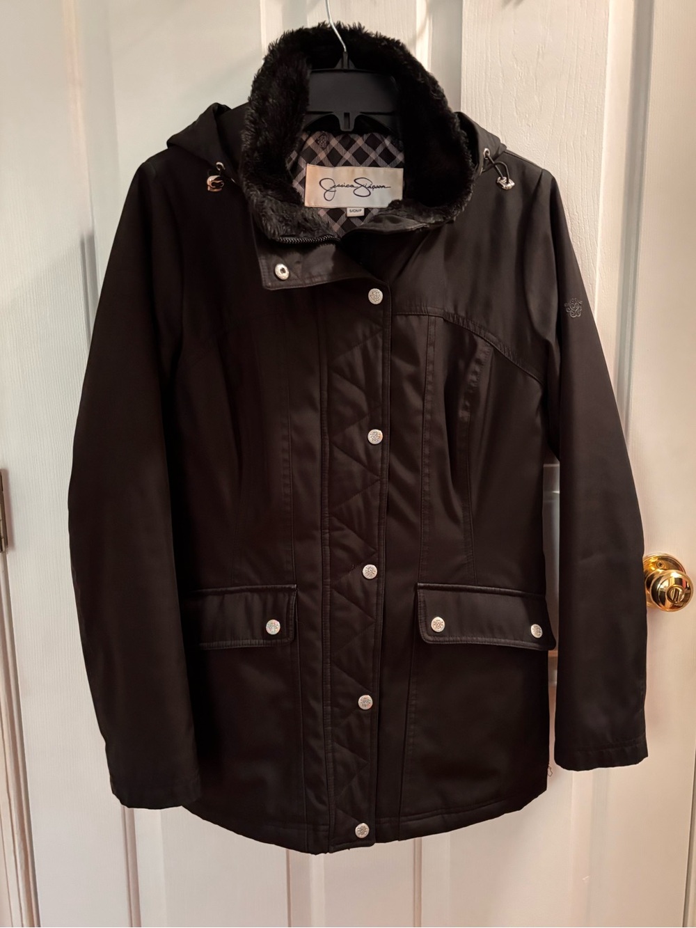 Jessica Simpson Black Faux-Fur Trim Hooded Trench Coat size small
